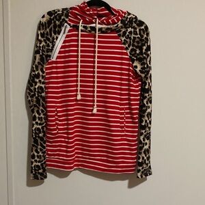 Red Striped Hoodie and Leopard hoodie with Leopard Sleeves